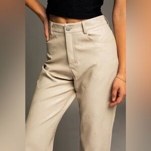 EUC Le Lis Cream Floral Embossed Vegan Leather Pants Wide Leg M